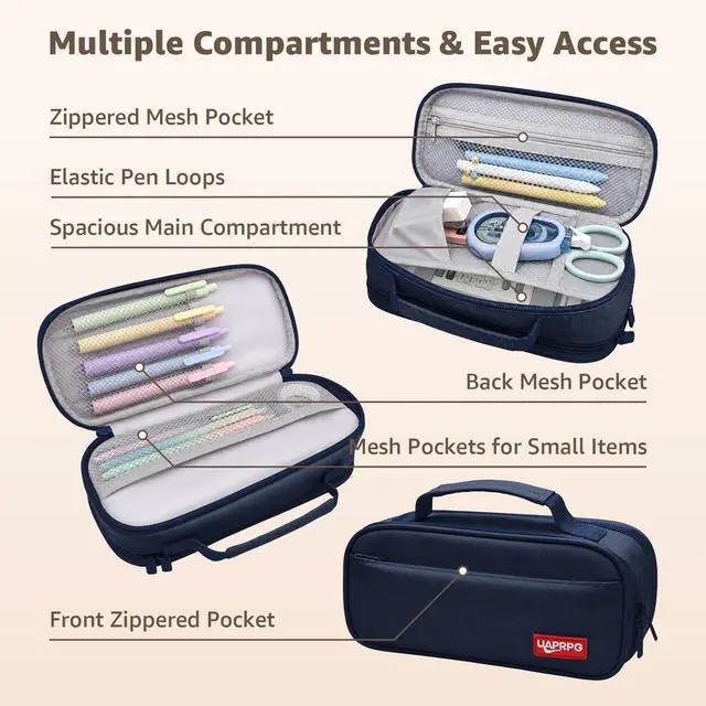 Alt view image 2 of 7 - Large Capacity Pencil Case, Waterproof Oxford Cloth Double Zipper Stationery Organizer Bag with Carry Handle, Simple Storage Bag for School, Office, Teens, Girls, Boys, Men, Women