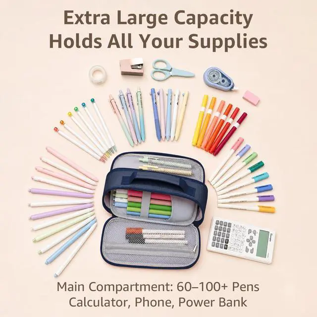 Alt view image 5 of 7 - Large Capacity Pencil Case, Waterproof Oxford Cloth Double Zipper Stationery Organizer Bag with Carry Handle, Simple Storage Bag for School, Office, Teens, Girls, Boys, Men, Women