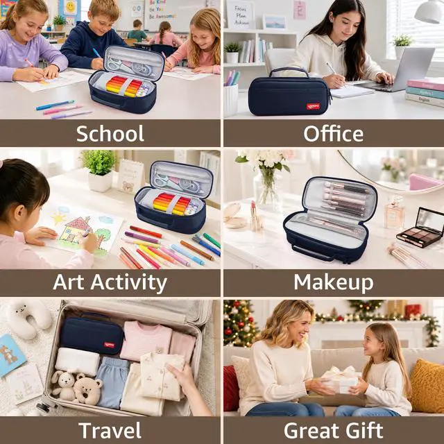 Alt view image 6 of 7 - Large Capacity Pencil Case, Waterproof Oxford Cloth Double Zipper Stationery Organizer Bag with Carry Handle, Simple Storage Bag for School, Office, Teens, Girls, Boys, Men, Women