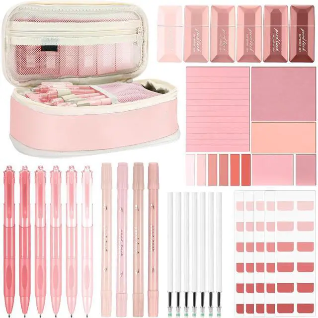Main image of 38 Pcs Aesthetic Office Supplies with Pen Case Sticky Notes Gel Pens Highlighters Correction Tapes Stationery Kit for Office Work Coworkers(Pink Color,Classic)