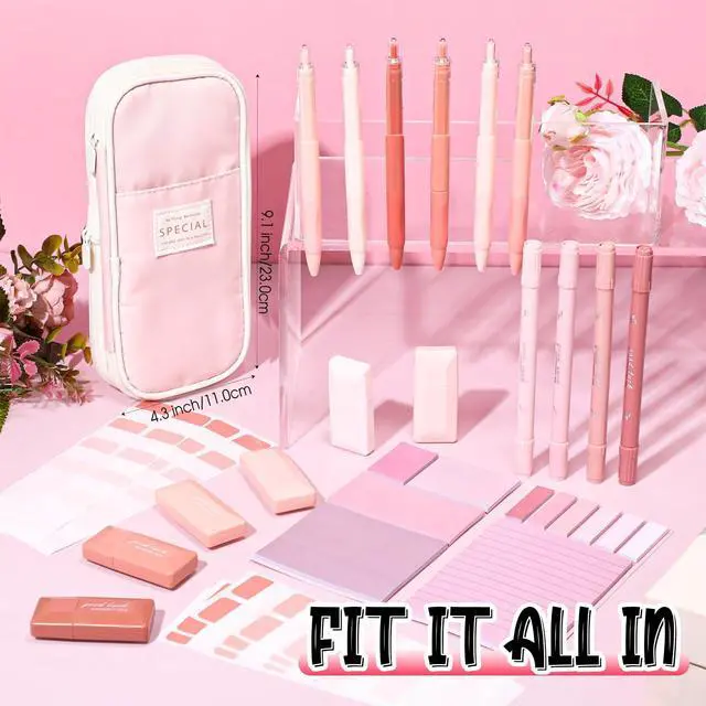 Alt view image 6 of 6 - 38 Pcs Aesthetic Office Supplies with Pen Case Sticky Notes Gel Pens Highlighters Correction Tapes Stationery Kit for Office Work Coworkers(Pink Color,Classic)