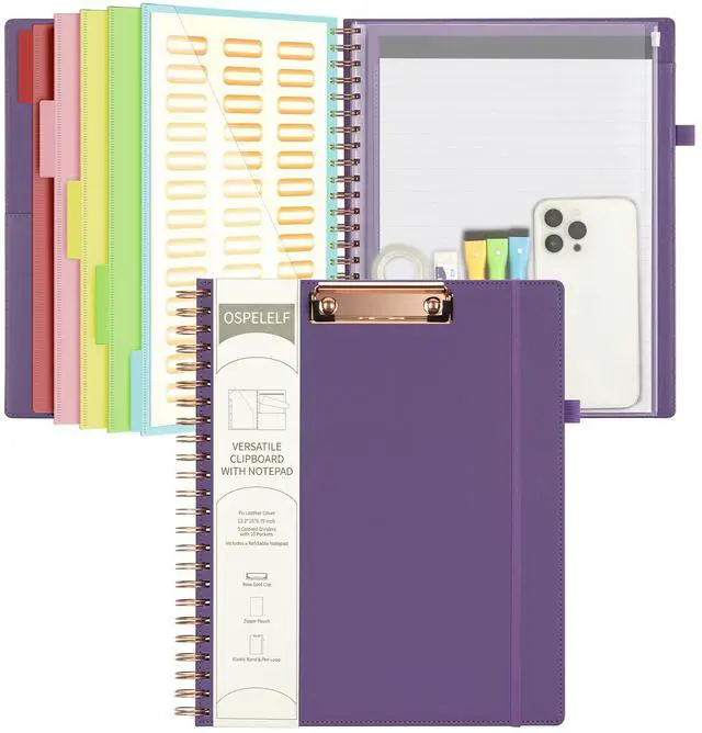 Main image of Leather Spiral Clipboard Folder with Storage Zipper Pouch, Foldable Clipboard Folio with Notepad for Letter Size, 5 Folders with 10 Pockets, 39 Divider Label Stickers (Purple)