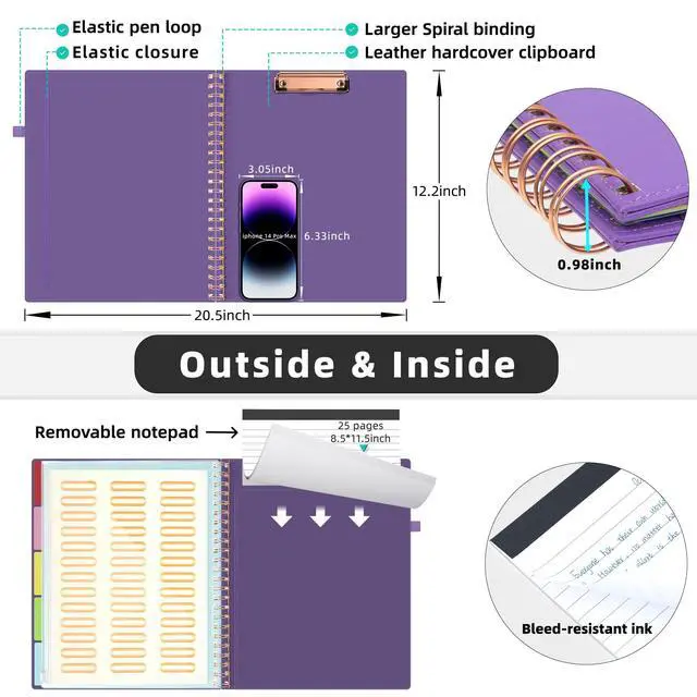 Alt view image 3 of 5 - Leather Spiral Clipboard Folder with Storage Zipper Pouch, Foldable Clipboard Folio with Notepad for Letter Size, 5 Folders with 10 Pockets, 39 Divider Label Stickers (Purple)