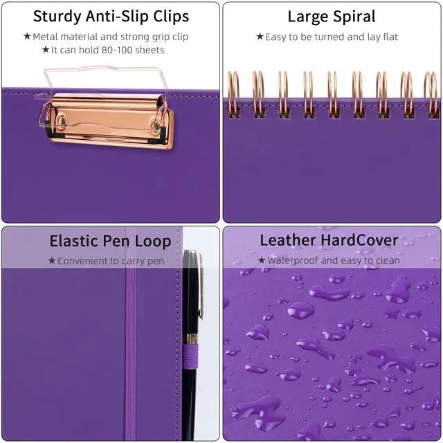 Alt view image 4 of 5 - Leather Spiral Clipboard Folder with Storage Zipper Pouch, Foldable Clipboard Folio with Notepad for Letter Size, 5 Folders with 10 Pockets, 39 Divider Label Stickers (Purple)