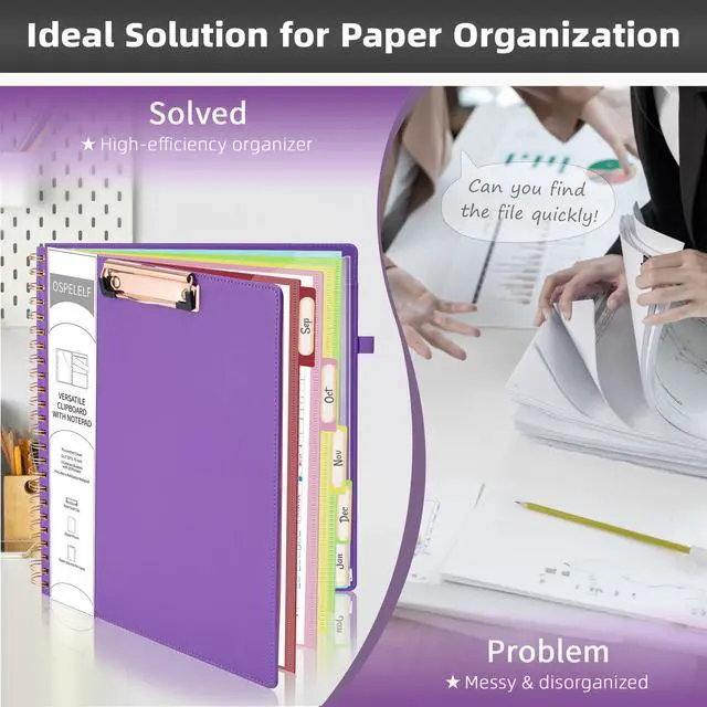 Alt view image 5 of 5 - Leather Spiral Clipboard Folder with Storage Zipper Pouch, Foldable Clipboard Folio with Notepad for Letter Size, 5 Folders with 10 Pockets, 39 Divider Label Stickers (Purple)