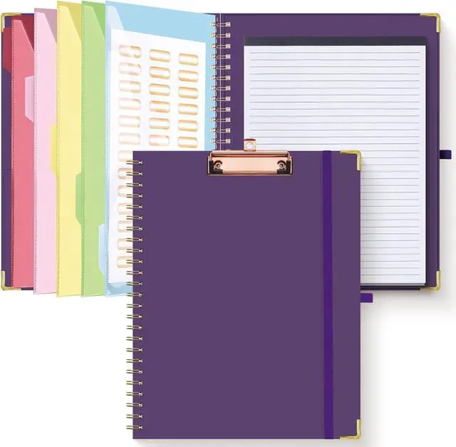 Main image of Clipboard Folio with Refillable Lined Notepad for Letter Size (11" x 8.5"), 5 Dividers with 10 Pockets, Elastic Pen Holder and File Folder Labels, Spiral Nurse Clipboard Artboard(Dark Purple)