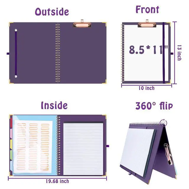 Alt view image 2 of 7 - Clipboard Folio with Refillable Lined Notepad for Letter Size (11" x 8.5"), 5 Dividers with 10 Pockets, Elastic Pen Holder and File Folder Labels, Spiral Nurse Clipboard Artboard(Dark Purple)
