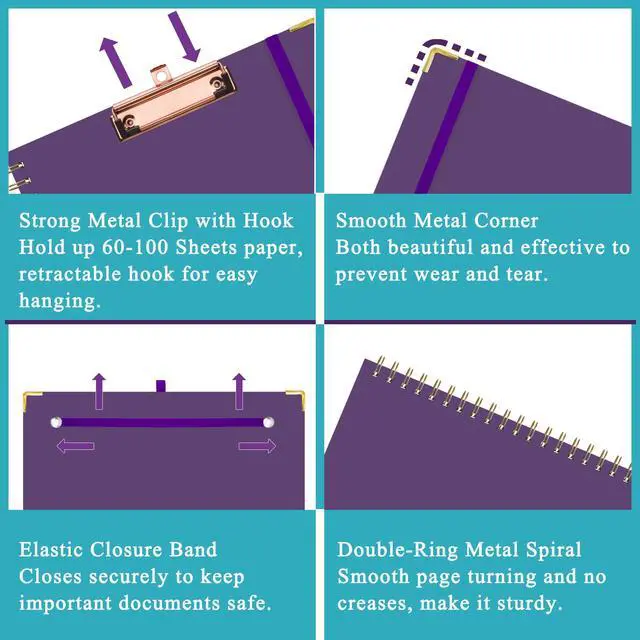 Alt view image 5 of 7 - Clipboard Folio with Refillable Lined Notepad for Letter Size (11" x 8.5"), 5 Dividers with 10 Pockets, Elastic Pen Holder and File Folder Labels, Spiral Nurse Clipboard Artboard(Dark Purple)