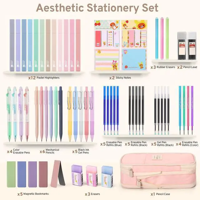 Alt view image 2 of 7 - 62PCS Aesthetic Stationery Set with Foldable Pencil Case, Pink