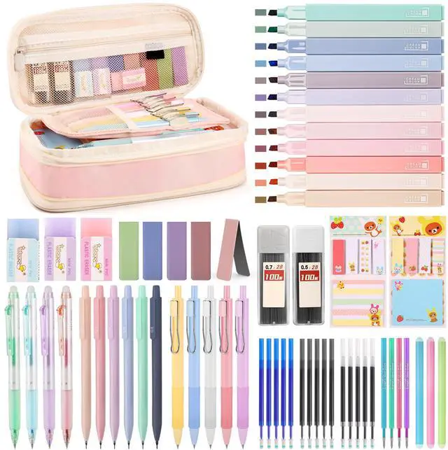 Main image of 62PCS Aesthetic Stationery Set with Foldable Pencil Case, Pink