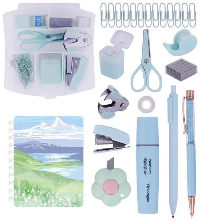 Main image of Mini Office Supply Kit Includes Stapler Tape Dispenser Staple Remover Paper Clips Scissor Notebook Highlighter Ballpoint Pen Small Telescopic Knife for Office and School Student (Blue Set)