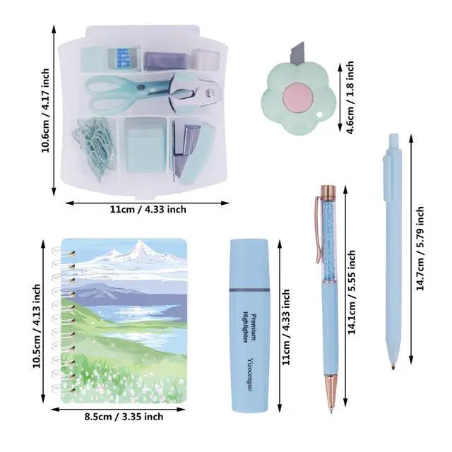 Alt view image 4 of 5 - Mini Office Supply Kit Includes Stapler Tape Dispenser Staple Remover Paper Clips Scissor Notebook Highlighter Ballpoint Pen Small Telescopic Knife for Office and School Student (Blue Set)