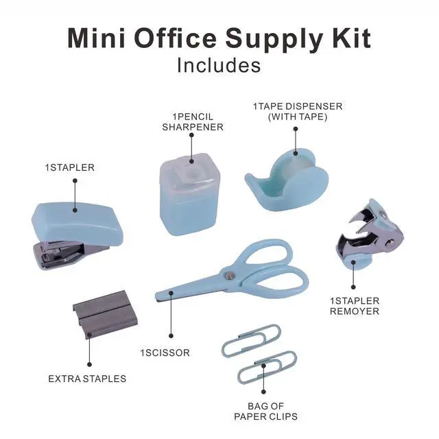 Alt view image 3 of 5 - Mini Office Supply Kit Includes Stapler Tape Dispenser Staple Remover Paper Clips Scissor Notebook Highlighter Ballpoint Pen Small Telescopic Knife for Office and School Student (Blue Set)