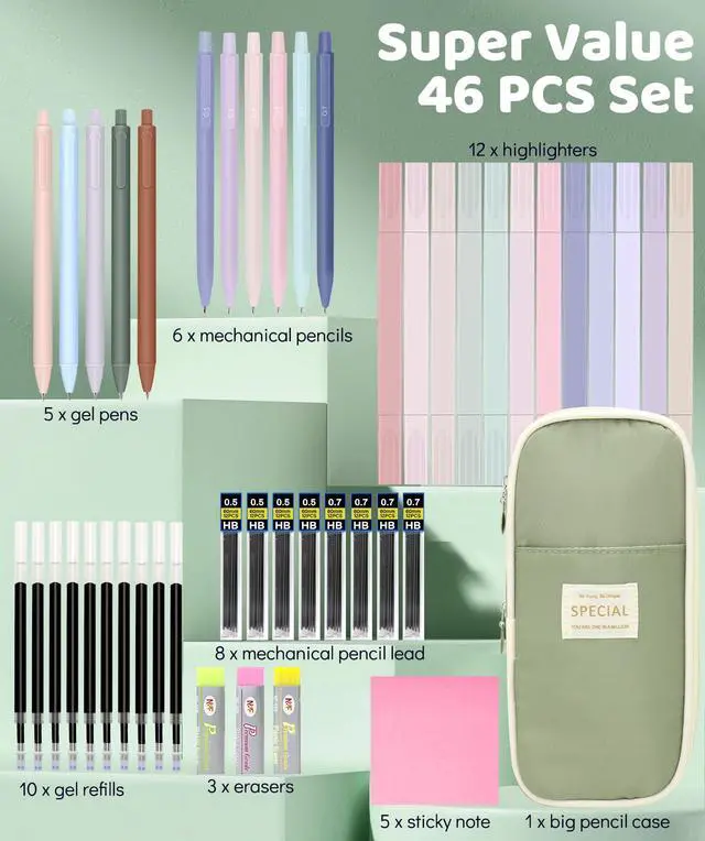 Alt view image 2 of 7 - 46 PCS Aesthetic School Supplies with Pencil Case, Pastel Highlighters, Erasable Pens, Refills, Mechanical Pencils for Students Stationary College Essentials