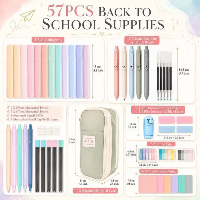 Alt view image 2 of 7 - Aesthetic School Supplies with Pencil Pouch - 57 Pcs Cute College Essentials Set, Big Capacity Pen Case, Eraser Holder, Pastel Highlighters, Bible Study Journaling Stationary Kit for Girls Teens