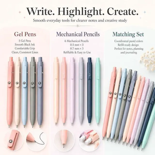 Alt view image 4 of 7 - Aesthetic School Supplies with Pencil Pouch - 57 Pcs Cute College Essentials Set, Big Capacity Pen Case, Eraser Holder, Pastel Highlighters, Bible Study Journaling Stationary Kit for Girls Teens