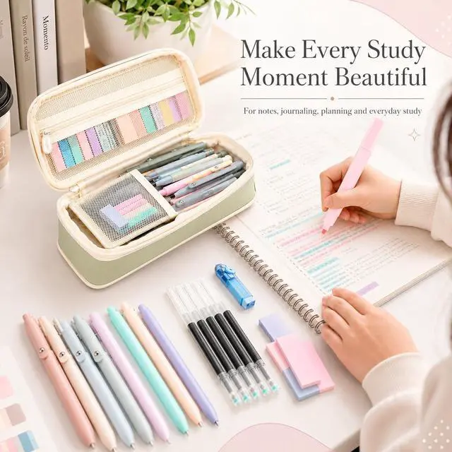 Alt view image 7 of 7 - Aesthetic School Supplies with Pencil Pouch - 57 Pcs Cute College Essentials Set, Big Capacity Pen Case, Eraser Holder, Pastel Highlighters, Bible Study Journaling Stationary Kit for Girls Teens