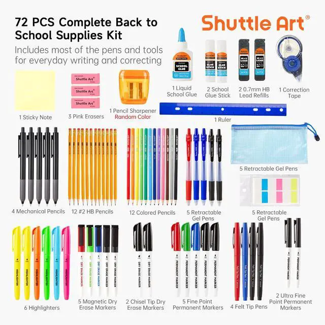 Alt view image 2 of 7 - 71 Pack School Supplies Kit, Back to School Supplies for Teachers, Middle High Schools, College School Supply with Highlighters, Pencils, Gel Pens, Dry Erase Markers, Felt Tip Pens, Glue