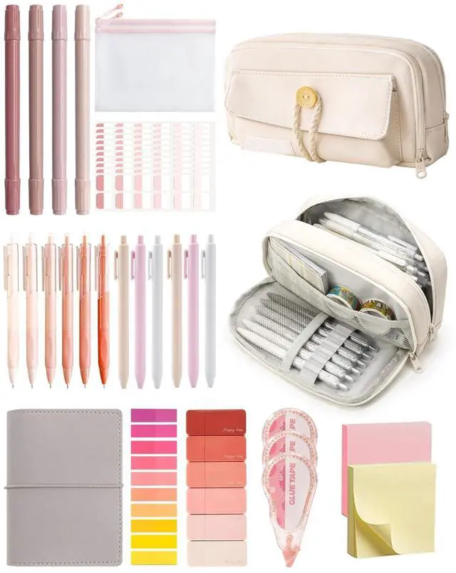 Main image of 42pcs Cute Pencil Case, Large Capacity Study Pouch Bag with 4-Compartments, Portable Soft Canvas Easy Carry for Library and Office Supplies Kit, Elegant Aesthetic Study for Women (beige)