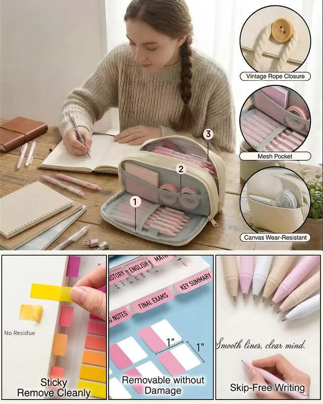 Alt view image 3 of 7 - 42pcs Cute Pencil Case, Large Capacity Study Pouch Bag with 4-Compartments, Portable Soft Canvas Easy Carry for Library and Office Supplies Kit, Elegant Aesthetic Study for Women (beige)