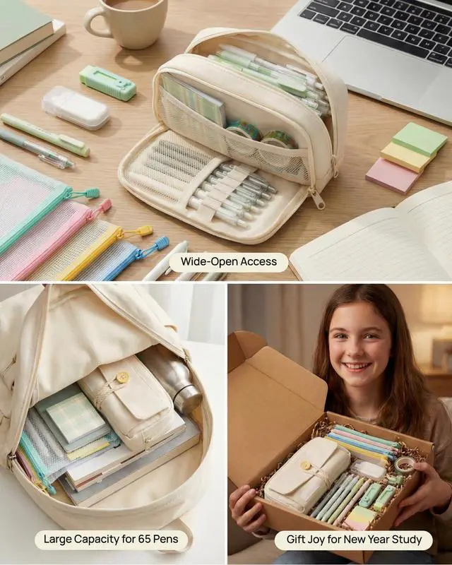 Alt view image 4 of 7 - 42pcs Cute Pencil Case, Large Capacity Study Pouch Bag with 4-Compartments, Portable Soft Canvas Easy Carry for Library and Office Supplies Kit, Elegant Aesthetic Study for Women (beige)
