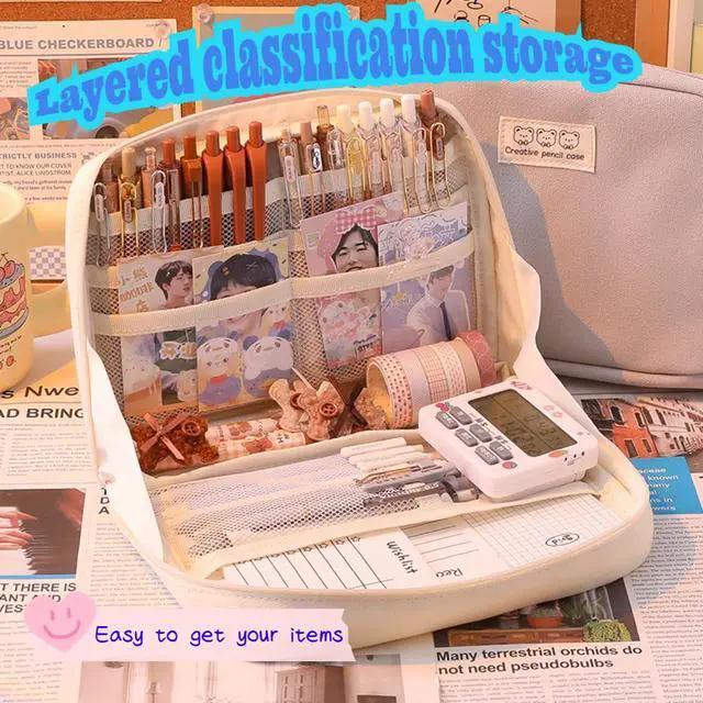 Alt view image 4 of 7 - Pencil Case Pouch Box Cute Kawaii Large Capacity Aesthetic Zipper Pen Holder Organizer Bag for Office Workspace Supplies Desk Accessories Travel (Light Grey)