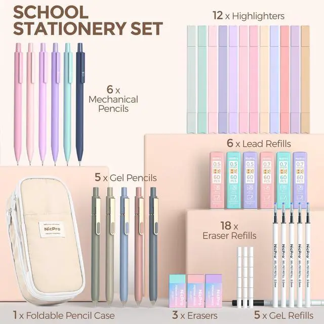 Alt view image 7 of 7 - School Supplies Stationary Set with Pencil Case, 39 PCS Cream