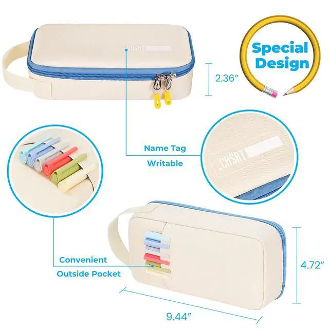 Alt view image 2 of 6 - Large Capacity Pencil Case with Hidden Pocket, 1200D Oxford Fabric Zipper Pencil Pouch with Handle, Multi-Pocket Stationery Organizer for Office, College, Travel and Daily Carry, Beige
