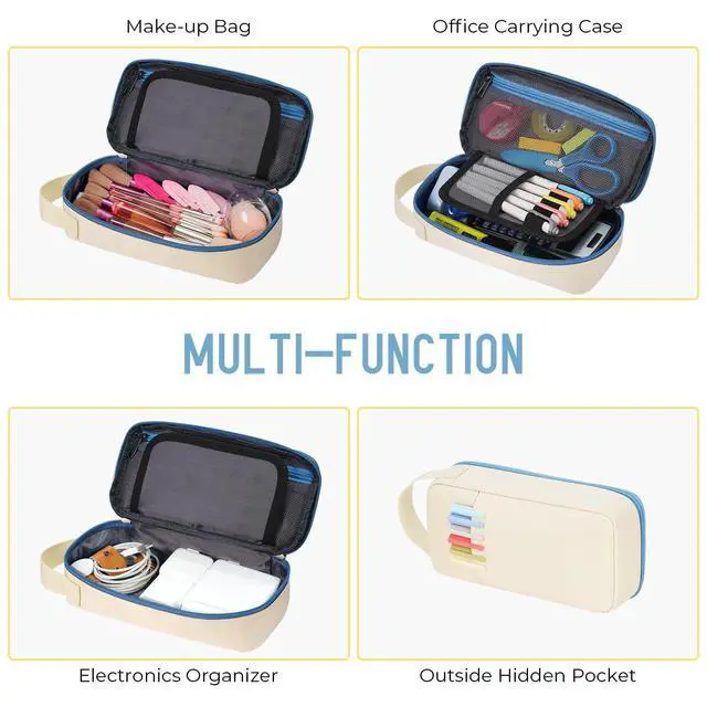 Alt view image 4 of 6 - Large Capacity Pencil Case with Hidden Pocket, 1200D Oxford Fabric Zipper Pencil Pouch with Handle, Multi-Pocket Stationery Organizer for Office, College, Travel and Daily Carry, Beige