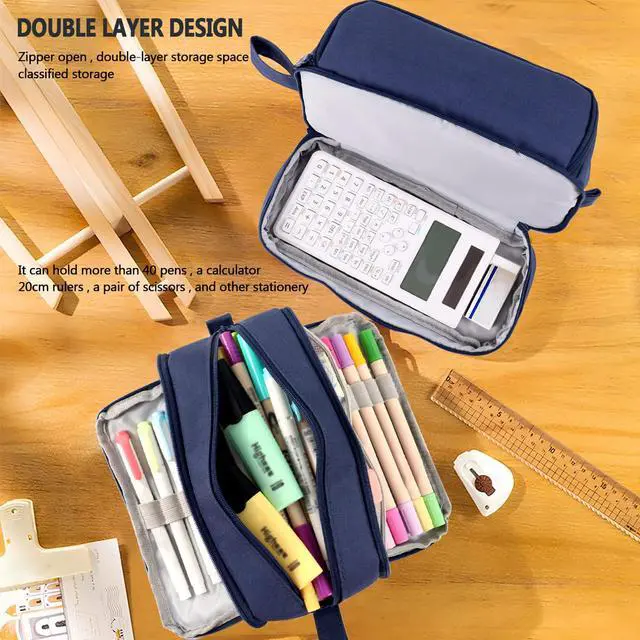 Alt view image 2 of 7 - Large Capacity Pencil Case 4 Compartments, Pencil Pouch Bag with Zipper Portable Handle, Pen Case Bag Stationery Organizer for Office College School Adults Teen Girls Boys Men Women, Dark Blue
