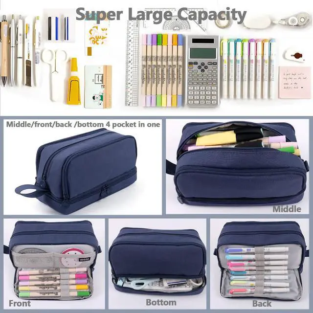 Alt view image 3 of 7 - Large Capacity Pencil Case 4 Compartments, Pencil Pouch Bag with Zipper Portable Handle, Pen Case Bag Stationery Organizer for Office College School Adults Teen Girls Boys Men Women, Dark Blue