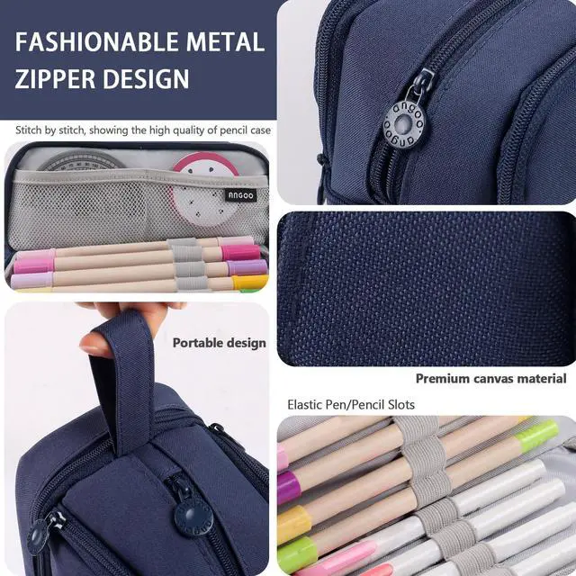 Alt view image 4 of 7 - Large Capacity Pencil Case 4 Compartments, Pencil Pouch Bag with Zipper Portable Handle, Pen Case Bag Stationery Organizer for Office College School Adults Teen Girls Boys Men Women, Dark Blue