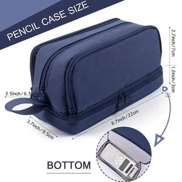 Alt view image 5 of 7 - Large Capacity Pencil Case 4 Compartments, Pencil Pouch Bag with Zipper Portable Handle, Pen Case Bag Stationery Organizer for Office College School Adults Teen Girls Boys Men Women, Dark Blue