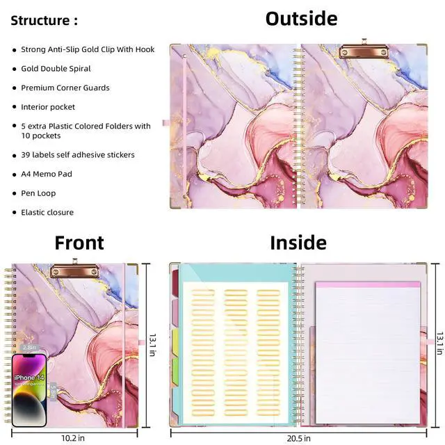Alt view image 2 of 6 - Clipboard with Storage 8.5 X 11Padfolio Organizer, Spiral Portfolio Letter Size with Notepad, Pen Holder, 5 Extra Folder Divider Pages, Elastic Closure Nurse Office Essentials (Pink Marble)