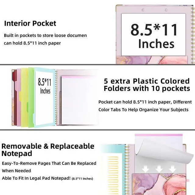 Alt view image 3 of 6 - Clipboard with Storage 8.5 X 11Padfolio Organizer, Spiral Portfolio Letter Size with Notepad, Pen Holder, 5 Extra Folder Divider Pages, Elastic Closure Nurse Office Essentials (Pink Marble)