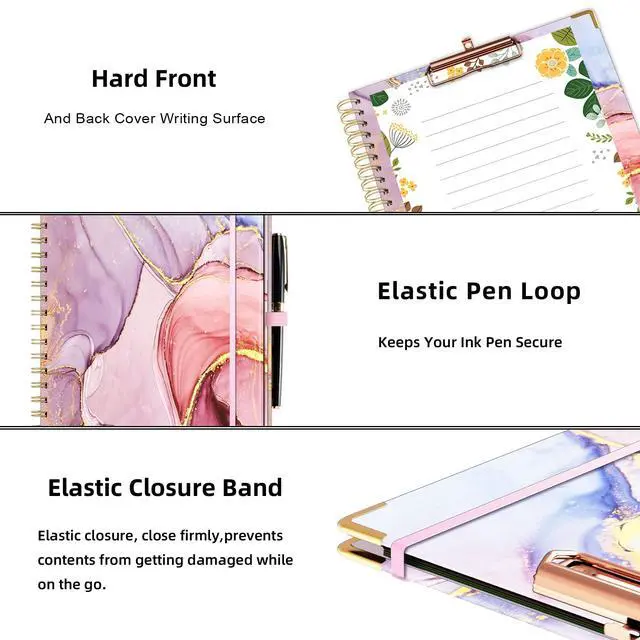 Alt view image 5 of 6 - Clipboard with Storage 8.5 X 11Padfolio Organizer, Spiral Portfolio Letter Size with Notepad, Pen Holder, 5 Extra Folder Divider Pages, Elastic Closure Nurse Office Essentials (Pink Marble)