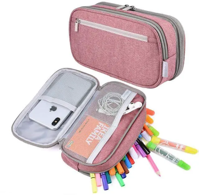 Main image of Big Capacity Pencil Case Large Pencil Bag Pouch High Storage Pen Marker Holder 3 Multi Functional Compartments Office Desk Organizer Makeup Bag, Pink