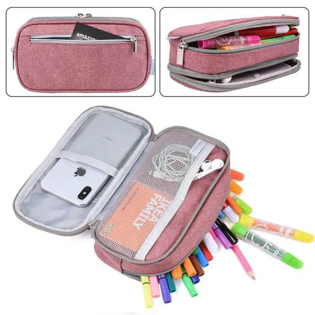 Alt view image 2 of 7 - Big Capacity Pencil Case Large Pencil Bag Pouch High Storage Pen Marker Holder 3 Multi Functional Compartments Office Desk Organizer Makeup Bag, Pink
