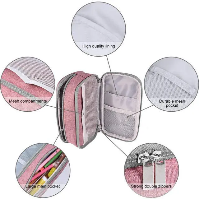 Alt view image 3 of 7 - Big Capacity Pencil Case Large Pencil Bag Pouch High Storage Pen Marker Holder 3 Multi Functional Compartments Office Desk Organizer Makeup Bag, Pink