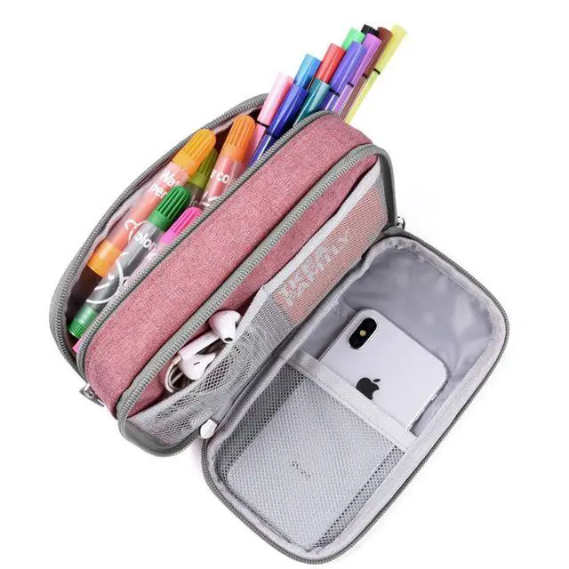 Alt view image 5 of 7 - Big Capacity Pencil Case Large Pencil Bag Pouch High Storage Pen Marker Holder 3 Multi Functional Compartments Office Desk Organizer Makeup Bag, Pink
