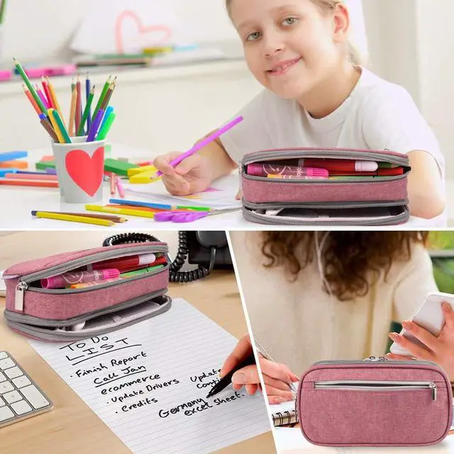 Alt view image 7 of 7 - Big Capacity Pencil Case Large Pencil Bag Pouch High Storage Pen Marker Holder 3 Multi Functional Compartments Office Desk Organizer Makeup Bag, Pink