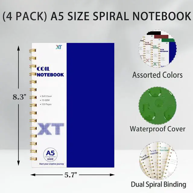 Alt view image 3 of 7 - 4 Pack Lined Journal Spiral Notebook, 120 Pages A5 Small Wide Ruled Notebooks 5.7" x 8.3", Thick Paper Plastic Hardcover Writing Journals Planner for Women Men Work School Office Supplies