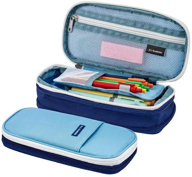 Main image of Expanding Pencil Case, For Office & School Supplies, Travel Organizer Bag, Compact, High Capacity, Blue