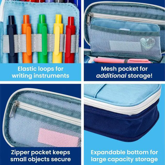 Alt view image 3 of 7 - Expanding Pencil Case, For Office & School Supplies, Travel Organizer Bag, Compact, High Capacity, Blue