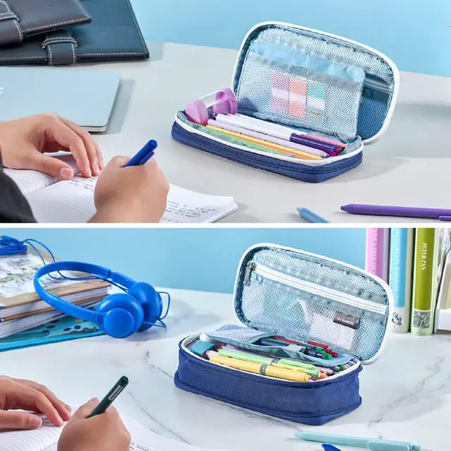 Alt view image 5 of 7 - Expanding Pencil Case, For Office & School Supplies, Travel Organizer Bag, Compact, High Capacity, Blue