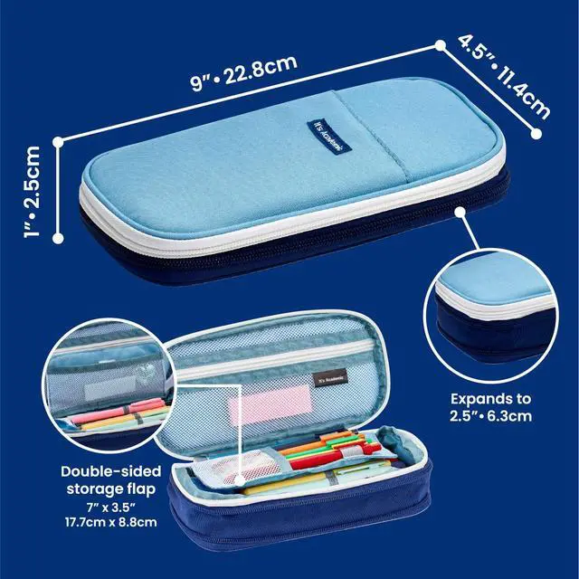 Alt view image 6 of 7 - Expanding Pencil Case, For Office & School Supplies, Travel Organizer Bag, Compact, High Capacity, Blue