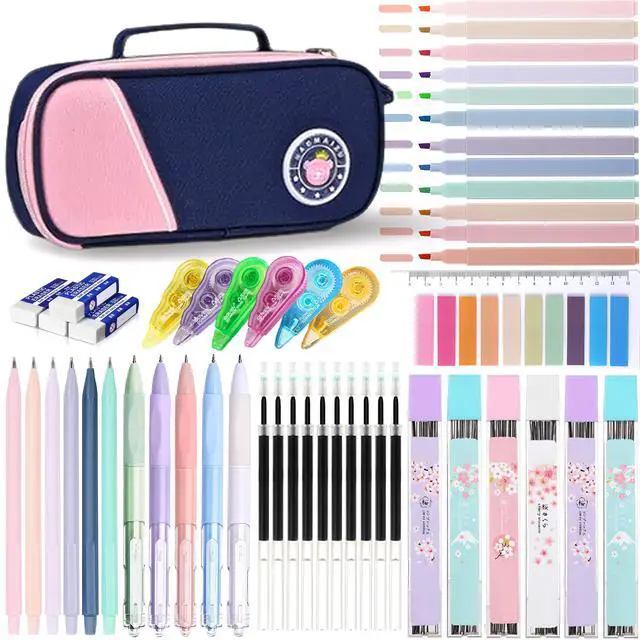 Main image of 46 Pcs Large Capacity Pencil Pouch with Aesthetic School Supplies, 12 Pastel Highlighters, 5 Black Ink Gel Pens, 6 Mechanical Pencils Set 0.5 & 0.7mm, Sticky Notes, Stationary Set for Student (Pink)