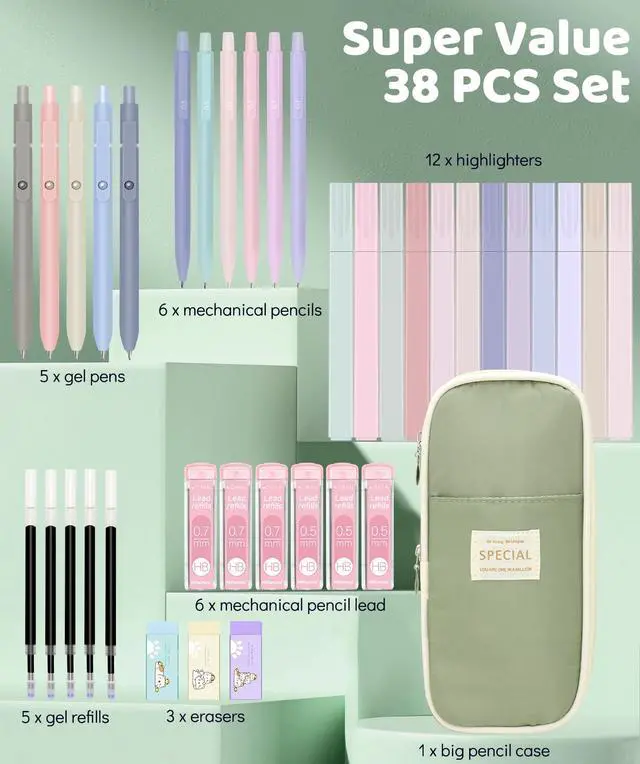 Alt view image 2 of 7 - 38 PCS Aesthetic School Supplies with Big Pen Case, 5 Black Ink Gel Pens, 12 Pastel Highlighters, 6 Mechanical Pencils Set 0.5 & 0.7 mm for Students Back to School