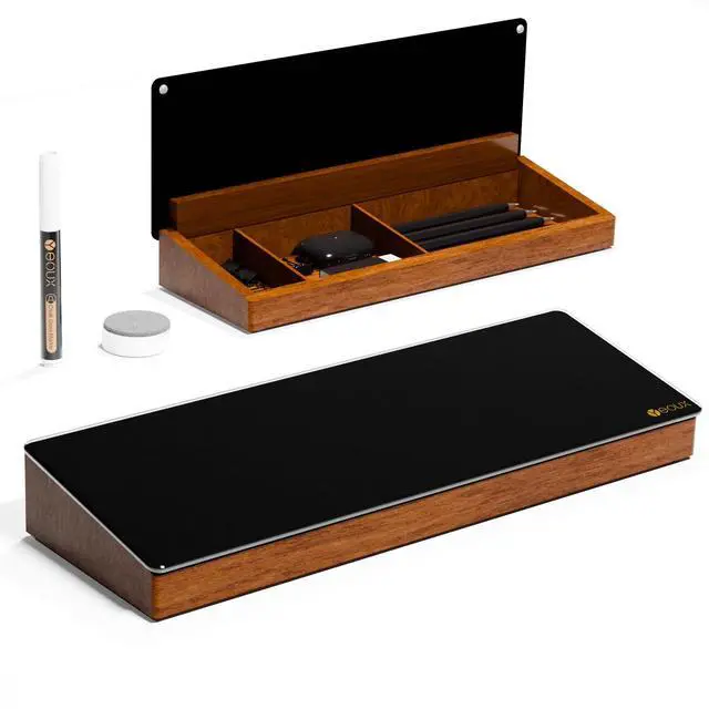 Main image of Desktop Black Glass Dry Erase Board with Wood Organizers for Small Office Supplies, Desk Whiteboard with Drawer for Home Office Cubicle, Accessories Included