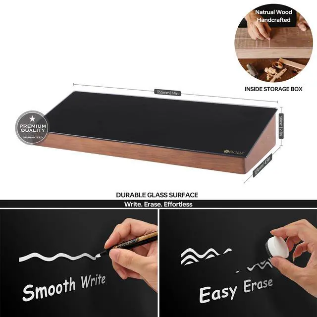Alt view image 2 of 7 - Desktop Black Glass Dry Erase Board with Wood Organizers for Small Office Supplies, Desk Whiteboard with Drawer for Home Office Cubicle, Accessories Included
